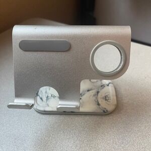 Silver Aluminum 2-in-1 Phone and Smartwatch Charging Stand Faux Marble Base Dock